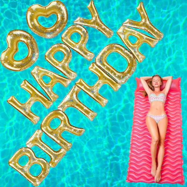 15 Pcs Happy Birthday Pool Float, Inflatable Letter Heart Pool Party Float Combo with 40 Pcs Adhesive Dots