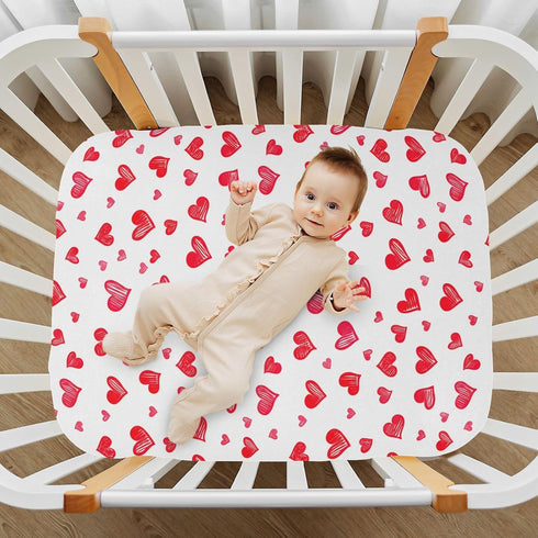 Sinestour Red Heart Love Baby Crib Sheet Soft and Breathable Crib Mattress Protector for Standard Crib Mattress Topper
