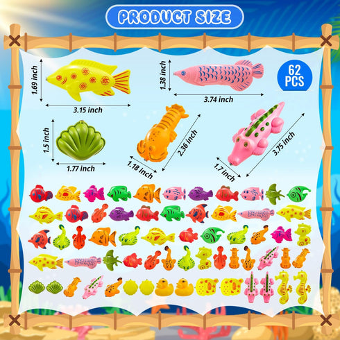 LHSYFBZ 62Pcs 4-8 Magnetic Fishing Game for Kids, Bathtub Kiddie Party Toy, Plastic Floating Fish with Pole Rod Net