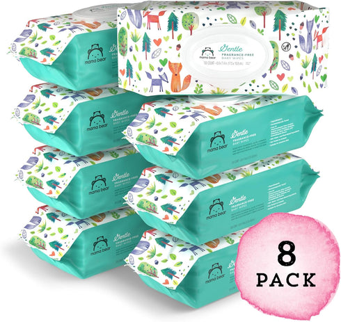 800 Count (8 Packs 100) Amazon Brand - Mama Bear Gentle Formulated without Fragrance Baby Wipes, Hypoallergenic