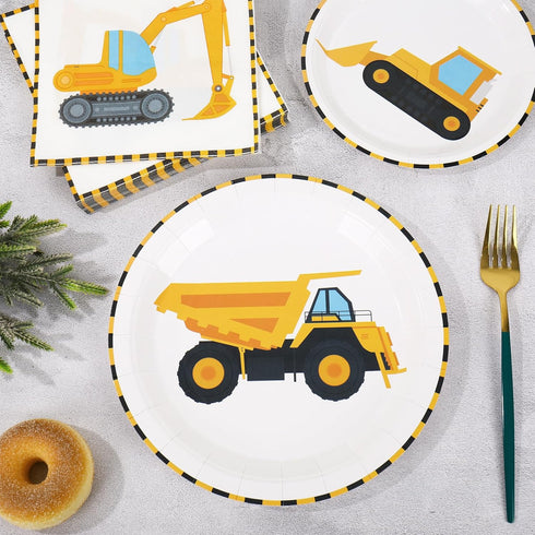 96Pcs Set 24 Whaline Construction Party Tableware Dump Truck Paper Plate Napkin Cup Yellow Black Disposable Dinnerware