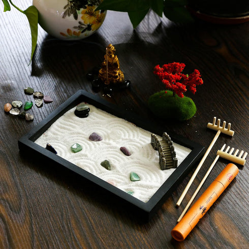 Mini Meditation Zen Garden Kit - Japanese Tabletop Rock Sand Chakra Buddha Garden Home Office Desk Decor Gifts
