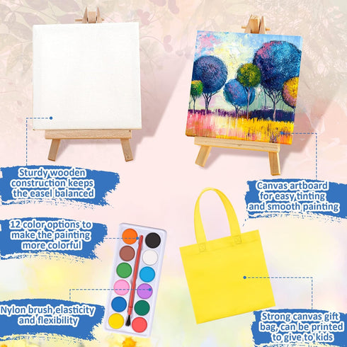 24 Packs Set 4 4 Inch Teling Mini Canvas with Easel Paint Kids Painting Kit with Mini x Canvas Wooden Easel Watercolors