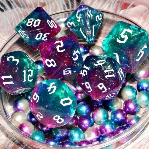 QiAN SiMAi Set| Set Galaxy Dice Dark Green Mix Purple Crystal DND Dice for Board Game