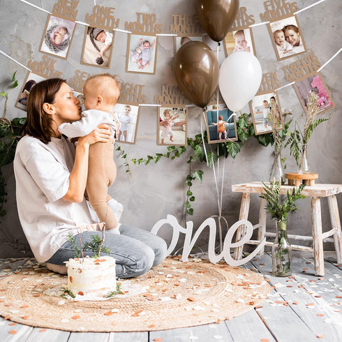 Whaline 1st Birthday Baby Photo Banner for Newborn to 12 Months, Monthly Milestone Bunting Garland Decoration (Kraft)