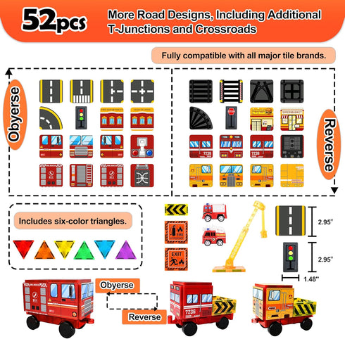 52pcs Magnetic Tiles Road Set - Fire Truck and Magnetic Crane, Creative Construction Toys for Ages 3-12
