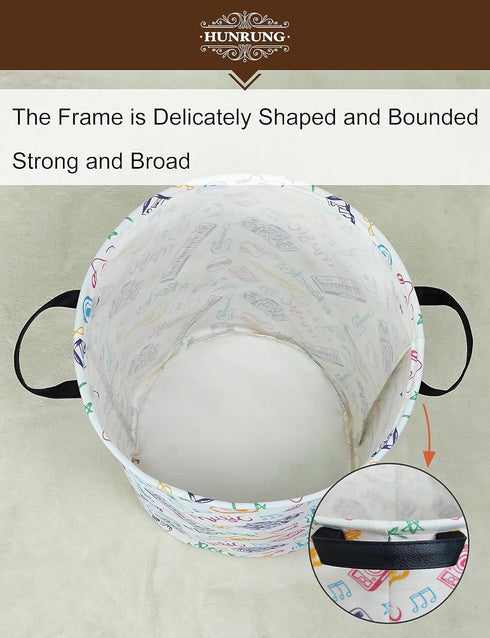 HUNRUNG Collapsible Fabric Storage Basket, Waterproof Laundry Hamper with Handles, Round Storage Bin for Clothes Toys