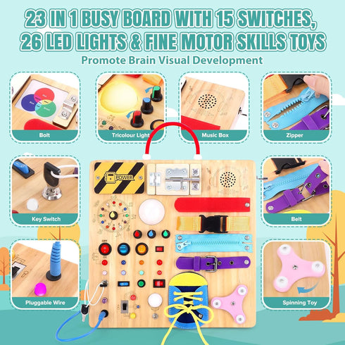 23 1 1 3 15 26 Busy Board in Montessori Toy for Toddlers Age to Wooden Educational Learning Toy with Switches LED