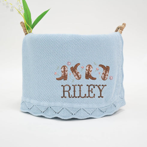 Personalized Cowgirl Name Blanket, Custom Knit Baby Girl Blanket, Embroidered Western Infant Throw, Soft Newborn