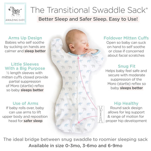 Amazing Baby Transitional Swaddle Sack - Arms Up Half-Length Sleeves, Newborn Sleep Sack, Blue Tiny Elephants