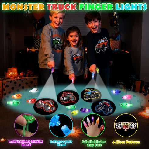 24 Pcs Monster Truck Party Favors LED Finger Lights, Glow in the Dark Light up Toys Bulk for Kids, Monster Jam Trucks