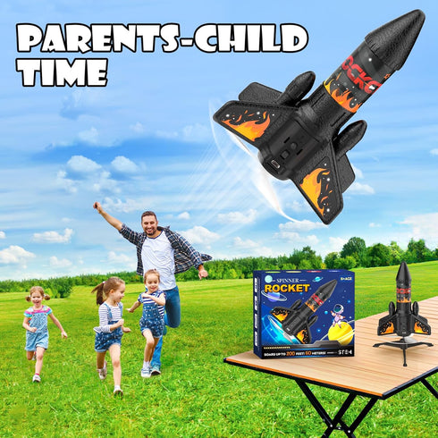 Ovaasy 200 8-12 Rocket Launcher for Kids, ft Self Launching Motorized Rocket Toy with LED and Safety Parachute Land
