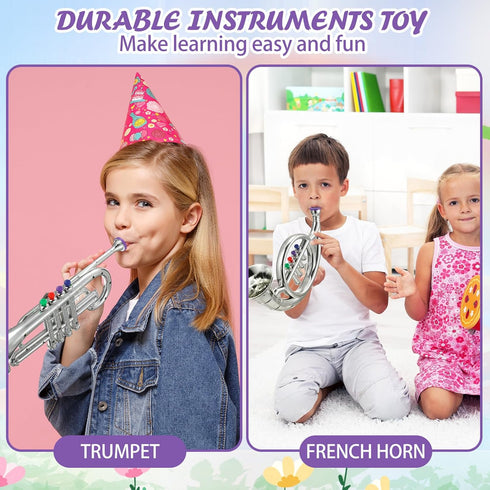 Treela Set of 3 Musical Instruments, Saxophone Trumpet and Horn for Beginners, Colorful Keys Coded for Boys Girls