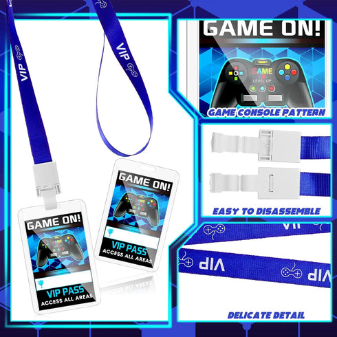 16 Pieces Blue Video Game VIP Pass Holder Tickets Set, Gamer Party Favors, Game Ticket Holder for Birthday Supplies