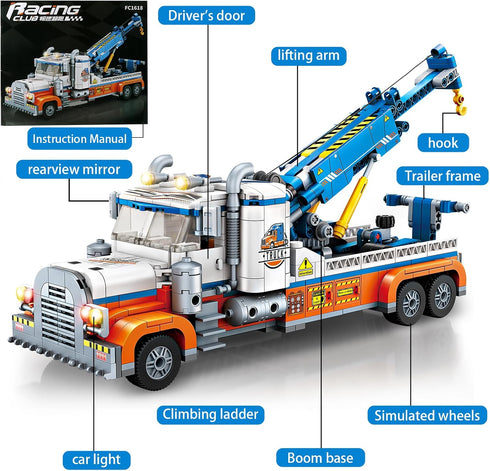 Tow Truck Building Block Set, Road Rescue Vehicle with Crane Toy Model, City Crane Construction Kit for Kids