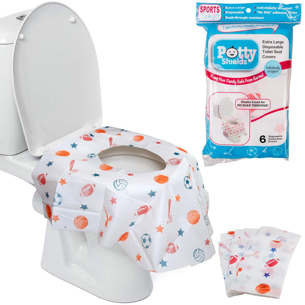 Disposable Toilet Seat Covers (6 Pack, Sports) - XL Waterproof Cover for Toddlers, Kids & Adults, Portable & Wrapped