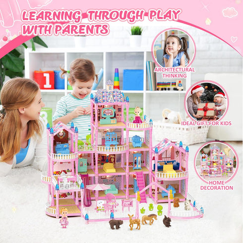 randhar 4-Story 15 2 3 4 5 6 7 8 9 10+ Doll House for Girls, Dream Dollhouse Rooms with Dolls, Lights, Animals