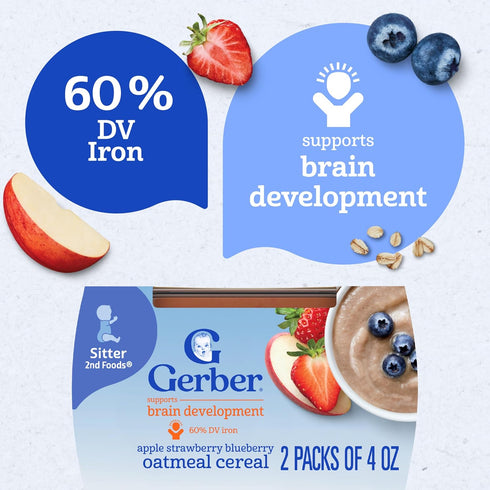 2nd 4 oz 2 Count (Pack 8) Gerber Foods Apple Strawberry Blueberry with Mixed Cereal Baby Food, Tubs