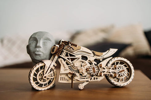 Wood Trick Motorcycle with Rubber Band Motor - Mechanical Model Kits for Adults and Kids, 10x4-3D Wooden Puzzles