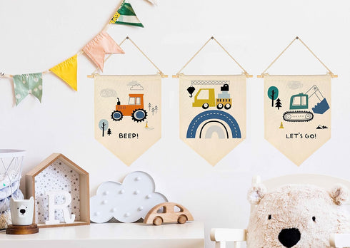 GEANHIL -Set 3 Transport,Construction,Vehicle Construction,Truck Nursery Decor-Flag Decor Gift for Baby Boys Newborn