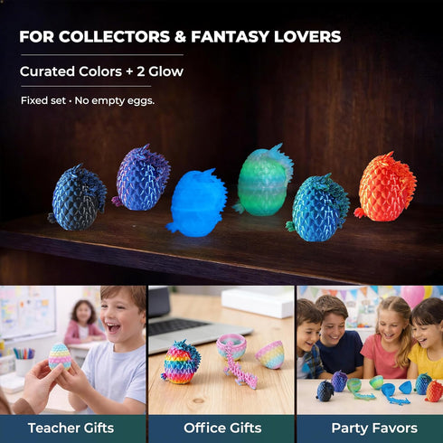 MiniMythos Toys 12 Pack 3D Set, Printed Dragon Eggs with Dragons Inside, Mini Articulated Crystal Dragon Figures