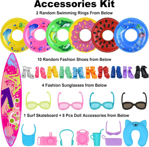 Ecore Fun 35 PCS Doll Clothes Swimwear Beach Bathing Kit, 10 Bikini Swimsuits, 2 Swimming Rings, 4 Fashion Glasses