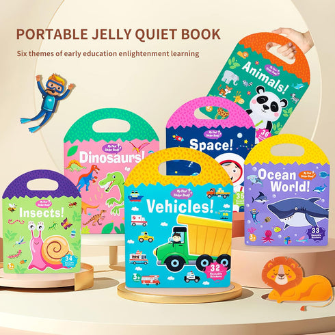 MIKNEKE 6 Pack 1-3 2-4 2 3 4 Jelly Reusable Sticker Books for Toddlers Years, Portable Travel Toys Sticker Activity