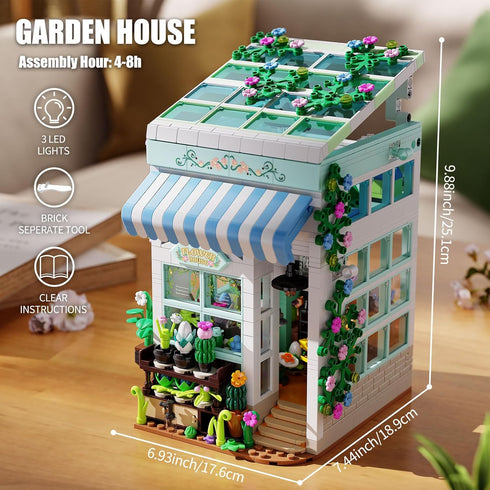 TYCOLE Set 1077 8-12 Flower House Building with LED Lights, PCS City Greenhouse Building Block Toy, Garden House