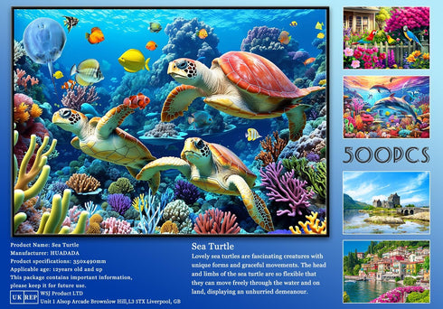 500 Piece Jigsaw Puzzle for Adults - Sea Turtle Underwater World, Finished Size 19.3" x 13.7"