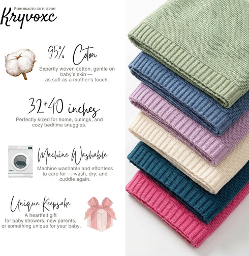 Kryvoxc Set, Personalized Baby Blanket with Name, Cotton Receiving Swaddle Blanket and Beanie Customized Baby Blankets