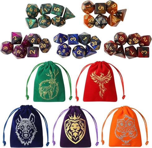 35Pcs DND Dice Set: Polyhedral Dice Sets with 5 Colorful Animal Patterned Dice Pouches