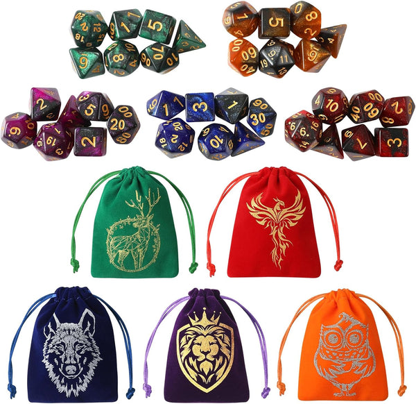 35Pcs DND Dice Set: Polyhedral Dice Sets with 5 Colorful Animal Patterned Dice Pouches