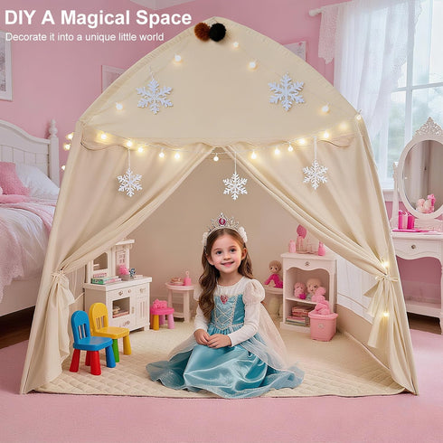 59x39x59in Cozy Large Kids Play Tent Indoor with Padded Mat Lights - Teepee Playhouse with Flags Storage Bag - Reading
