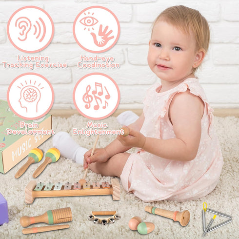 1-3, Set VINJOE Baby Musical Instruments-Toddler Montessori Wooden Musical Toys for Kids Neutral Colors Percussion
