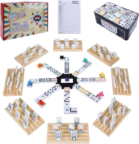 Double 12 Mexican Train Dominoes Set for Adults with 8PCS Wooden Holders,