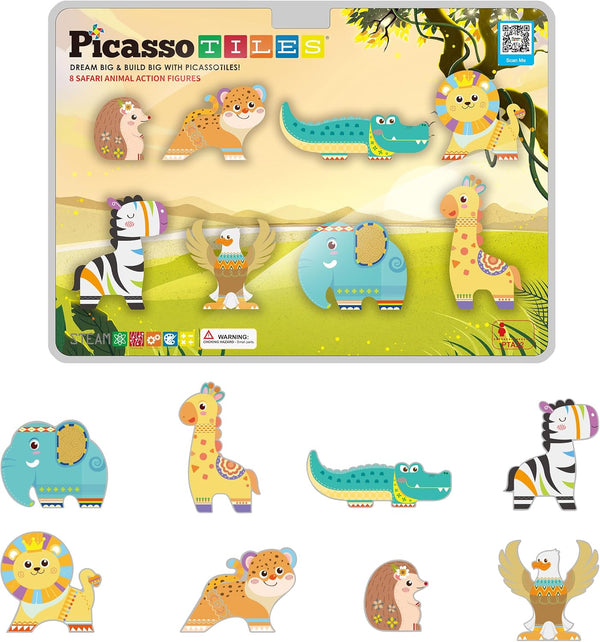 PicassoTiles 8pc Magnet Building Blocks, Safari Animal Magnetized Action Figures, Educational Learning Toyset for Ages