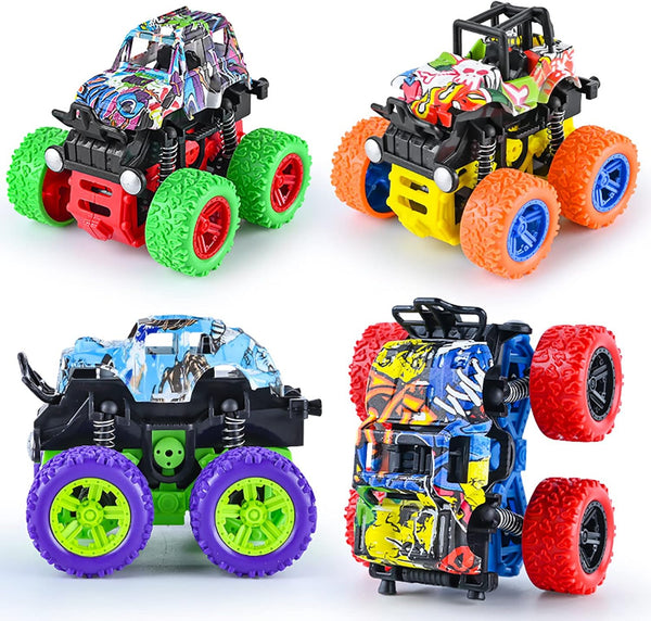 Push and Go Friction Powered Car, 4 Pack Monster Toys Truck Set for Boys 3-7 Years Old
