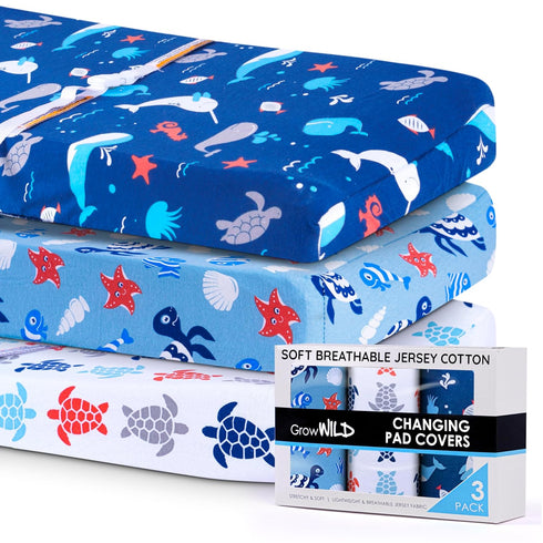 GROW WILD Changing Pad Cover 3 Pack | Soft & Stretchy Jersey Cotton | Baby Changing Table Pad Cover | Diaper Changing Pad Covers for Girls and Boys (Ocean & Under The Sea)