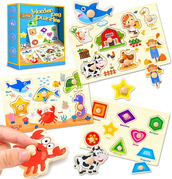 SIERLIKY Wooden Peg Puzzles for Toddlers,Montessori Toddler Jigsaw for Child,Fine Motor Skill Learning