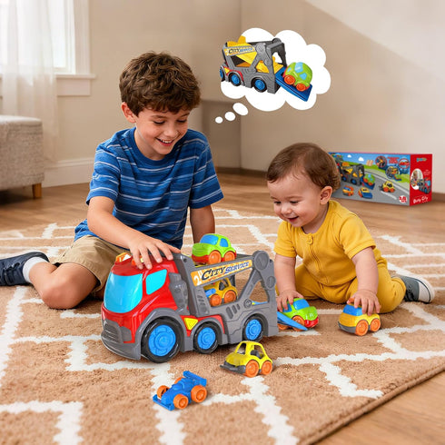 12.2" 2-4, Set 18M+ 2 3 4 5, P&C Toddler Car Transport Truck Toys for Ages Car Carrier Transporter Double-Deck Hauler