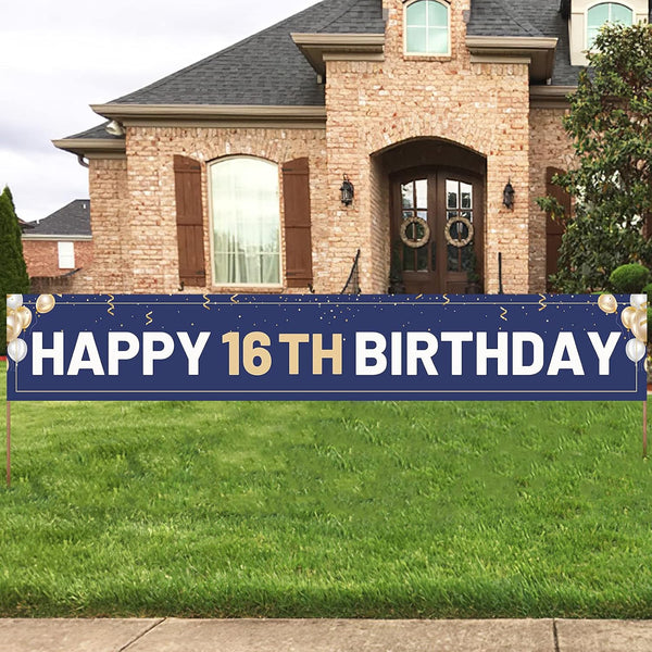 Happy 16th Birthday Banner Blue, Large 16th Bday Sign for Outdoor Decoration (9.8 x 1.6 feet)
