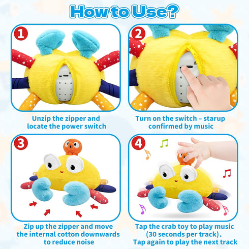 6-12-18 Tummy 1-3, Infowush Baby Toys Months - Musical Crawling Crab Plush Toy, Dancing Walking Bouncing Time Toy