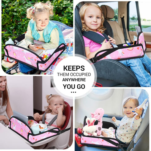 COOLBEBE 2 8 Kids Travel Tray for Toddler Car Seat, Portable Car Seat Lap Tray with Cup Holders & Markers, Pink Unicorn