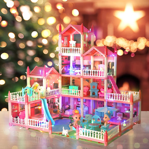 AmiDear 4-Story 11 Playset 3 4 5 6 7 8 9 10 Dollhouse with Rooms, Dream Gift Princess Doll House with Furniture Pool