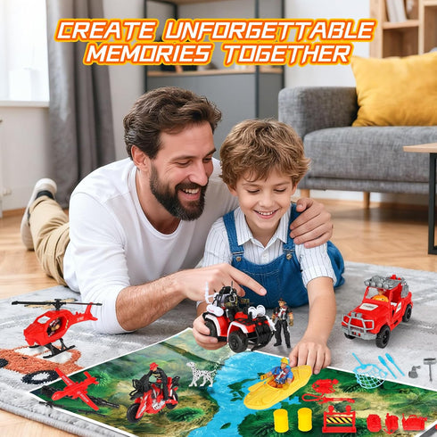Playset, Kids Firefighter Action Figures Fireman Figures Toys with Tools, Red Fire Trucks, Army Vehicles, Helicopter