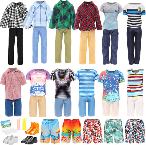 Miunana Doll Clothes & Accessories Lot - 16 Items, Classic Black Suit for Boy Doll, 4 PCS Casual Wear, 5 PCS Pants, 3