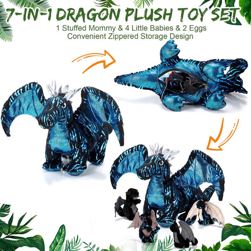 Deekin 7 Pcs Dragon Toy Set - 16 Inch Large Stuffed Animal with 4 Cute Baby Plush Dragons and 2 Eggs