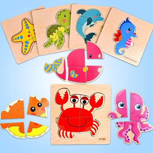 8pcs Wooden Puzzles for Toddlers 1-3, Montessori Sea Animal Puzzle for Kids Ages 2-4, Educational Toys