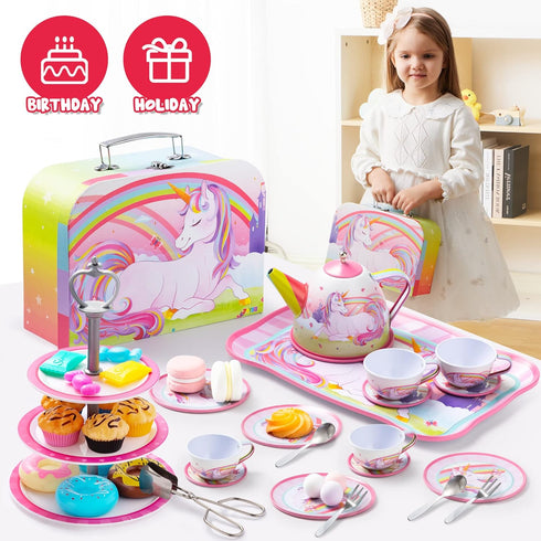 35Pcs Set Set, 3 4 5 6 JOYIN Unicorn Tea Party for Little Girls, Pretend Tin Teapot Princess Tea Time Play Kitchen Toy
