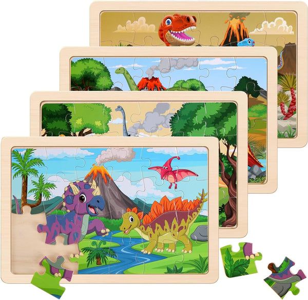Wooden Puzzles Dinosaur Toys for Kids Ages 3-5 - Set of 4 Packs with 20-Piece Wood Jigsaw Puzzles